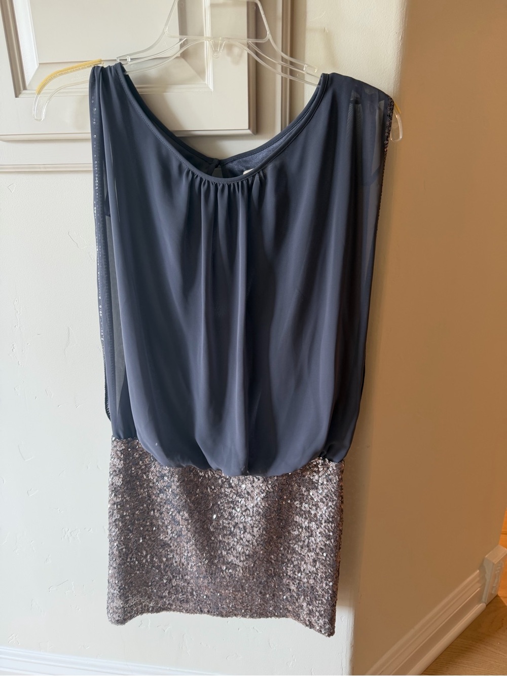Aidan Mattox Slate Gray Chiffon Blouson Dress with Sequin Skirt